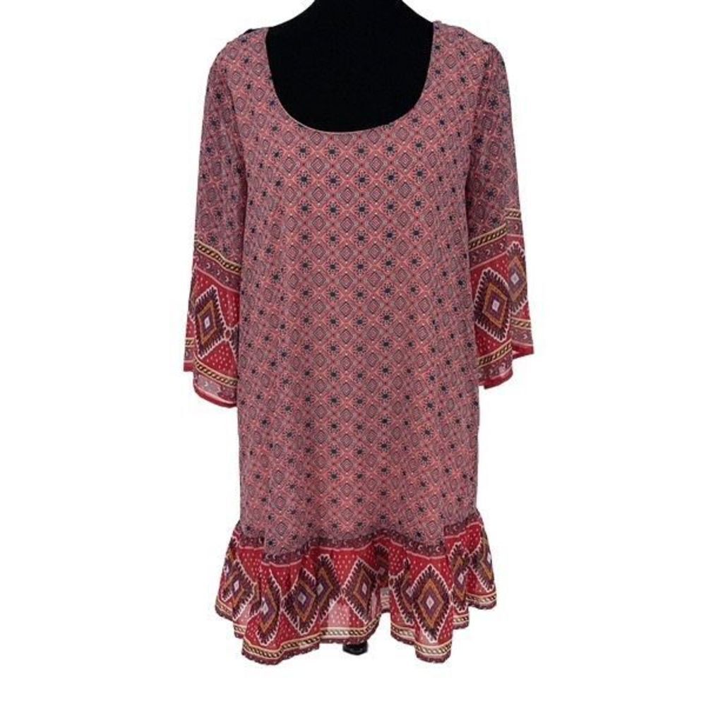 As U Wish Womens Agryle Pattern Dress Lace Back 3/4 Sleeve Ruffle Red Medium